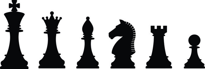 Printchess pieces silhouette set, king queen bishop knight rook pawn black strategy board game icons isolated vector © Mahabur