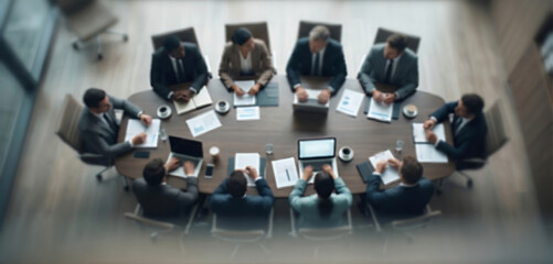 Obraz premium Fully blurred corporate boardroom interior with executive meeting table.
