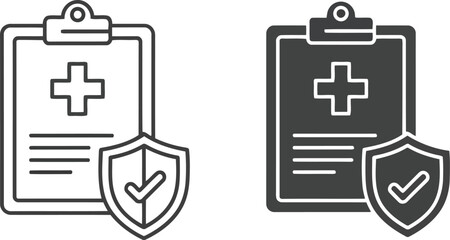 Obraz premium Medical insurance clipboard icon set with shield and checkmark for healthcare and protection concepts