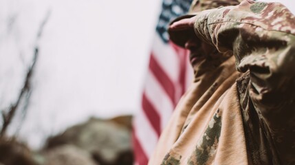 Fototapeta premium Soldier Saluting in Front of National Flag with Military Camouflage and Warm Fabric Details, Concept for Veterans Day and Memorial Day Tribute with Copy Space