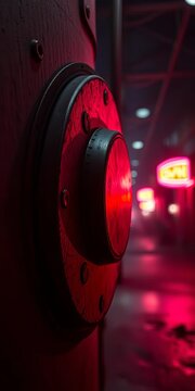 Crimson metal's weathered embrace, a focal point in the gloom ,  bokeh,  metal links