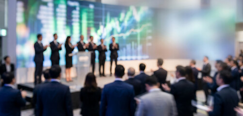 Fototapeta premium Fully blurred IPO celebration stage with executive silhouettes and audience shapes.