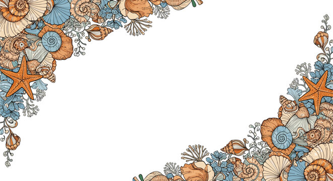 Decorative frame design featuring a variety of hand drawn sea shells and starfish arranged in opposite corners on white background.