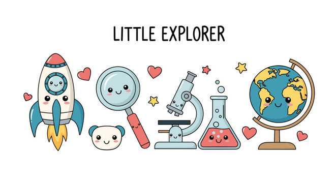 Selection of cute science and space exploration icons including a rocket globe microscope and magnifying glass with little explorer text.