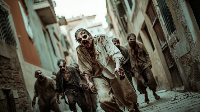 Horde of bloodthirsty and decaying zombies run down a narrow street in an urban environment, creating a sense of terror and imminent danger