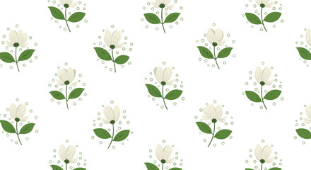 Elegant seamless pattern of white flowers with green leaves and small circles on a white background for spring and wedding themes.