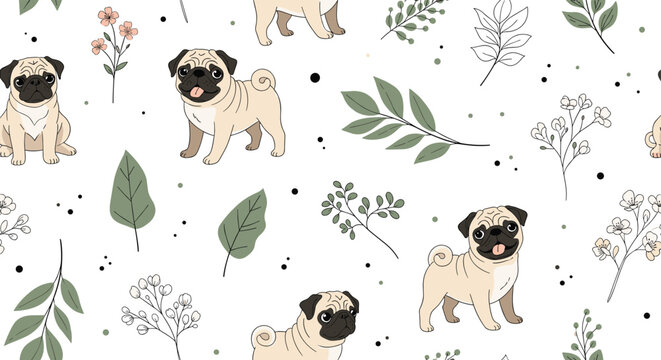 Adorable pug dog seamless pattern with various plants leaves and flowers on a white background for animal lovers and dog owners.