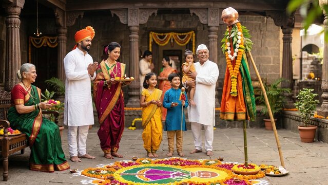 Indian Family Celebrating Gudi Padwa Festival at Home