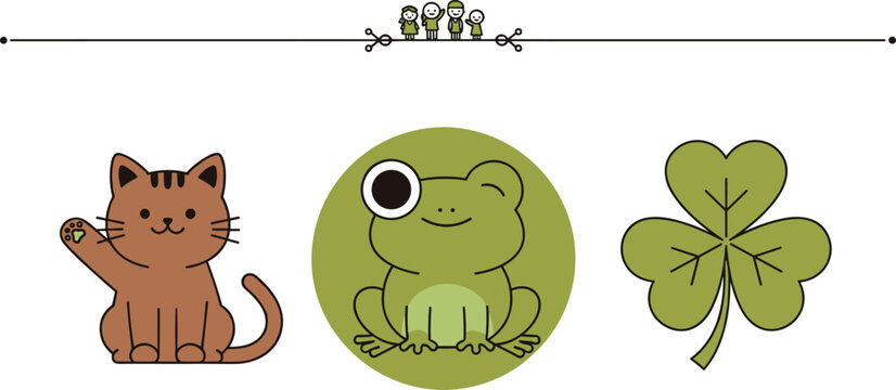 Cute Cat Frog and Four Leaf Clover Cartoon Characters Lucky Symbols Flat Vector Illustration Isolated on White Background
