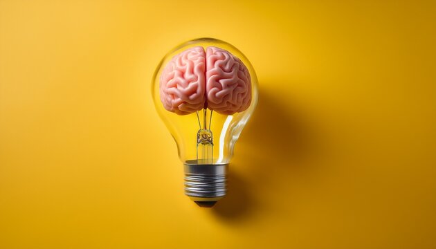 light bulb with a brain inside on a yellow background a concept of an idea and innovation close up ultra realism