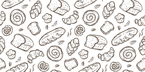 Bread hand drawn pattern. Bakery background doodle. Sketch style pastry illustration seamless pattern for packaging containing brioche, croissant, donut, pretzel, wheat, toast, baguette, loaf.