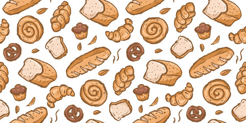 Bread hand drawn pattern. Bakery background doodle. Sketch style pastry illustration seamless pattern for packaging containing brioche, croissant, donut, pretzel, wheat, toast, baguette, loaf.