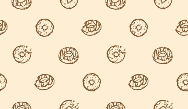 Donut hand drawn pattern. Doughnuts background doodle. Scribble of sweet snack illustration seamless pattern for packaging. Sketch style of donut with various topping. 