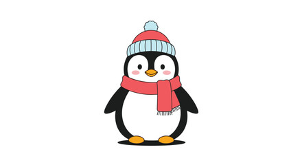 Fototapeta premium Adorable cartoon penguin wearing a pink and blue winter hat and a long red scarf standing on a white background.