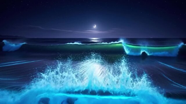 Moonlit Ocean Waves Crashing at Night.
