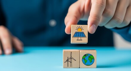 Hand placing solar panel block on eco-friendly wooden blocks