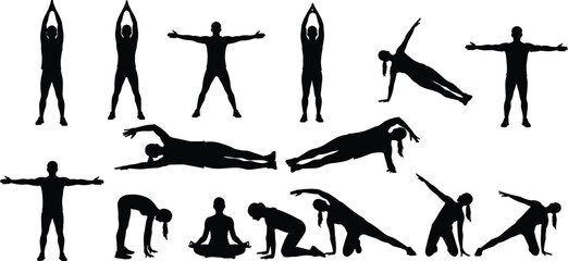 Yoga and stretching silhouettes collection, fitness exercise vector illustration, wellness posture design, flexibility poses for health and relaxation graphics © Hamida