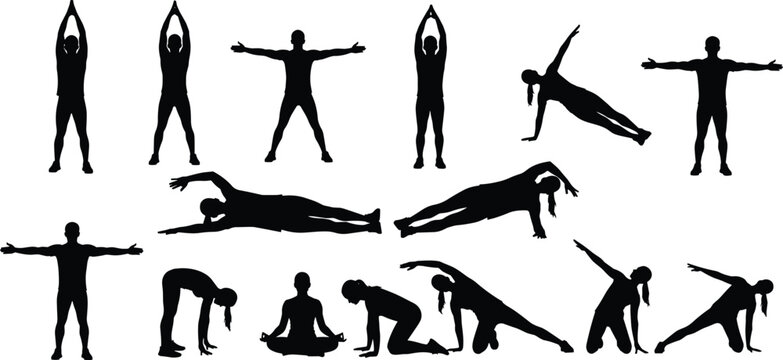 Yoga and stretching silhouettes collection, fitness exercise vector illustration, wellness posture design, flexibility poses for health and relaxation graphics