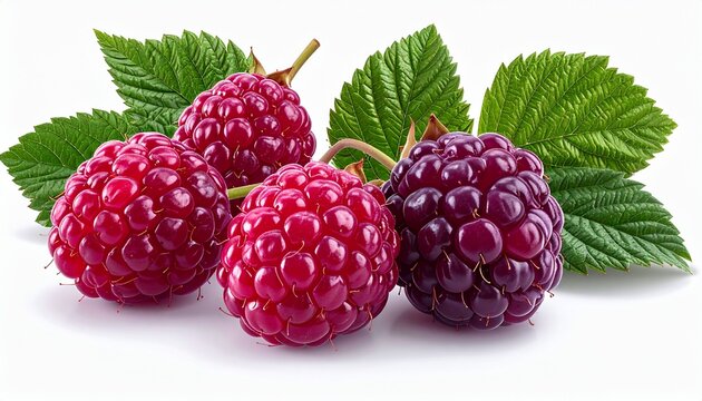 Fresh and Juicy Tayberries with Green Leaves on White Background.