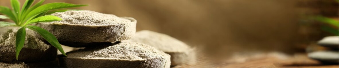 Ayurveda herb powder pads for kizhi massage therapy placed on wooden background for spa wellness branding with copy space and soft studio lighting