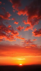 Fototapeta premium Fiery sky bleeds hues of orange and crimson as the sun dips below the horizon, casting long shadows , landscape, tranquil