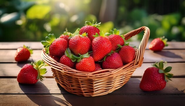 a wicker basket filled with fresh red strawberries along with a few strawberries outside showcasing their juicy and ripe appearance