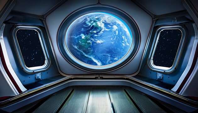 a spaceship interior with blue earth view through window