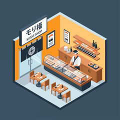 Fototapeta premium Isometric illustration of a sushi shop with a chef serving customers at a counter.