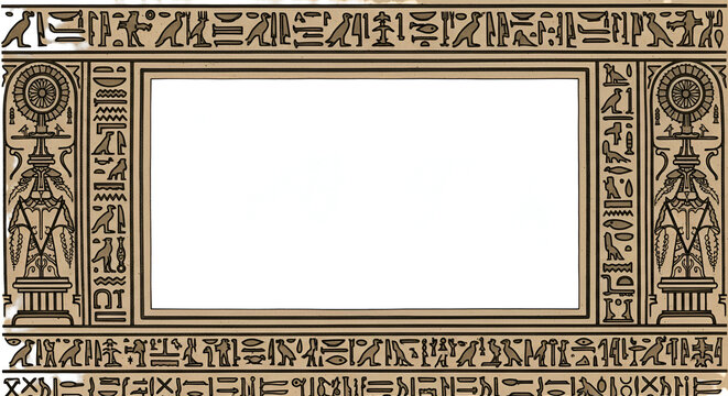 Ancient Egyptian Hieroglyphic Border Design With Blank Center Space Ornate Frame With Symbolic Carvings On Tan Background And Black Outline