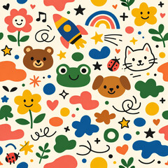 Fototapeta premium Playful nursery doodle pattern with animals rocket and rainbow illustrations