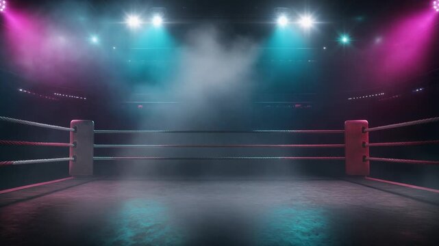Empty Boxing Ring Lit by Dramatic Magenta and Cyan Spotlights with Haze