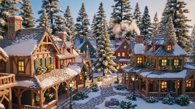 Snowy alpine village at dusk with glowing windows and pine trees, cozy holiday atmosphere for Christmas travel marketing, winter wonderland backdrop