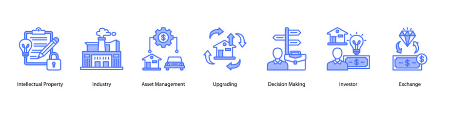 Obraz premium Business Validation web banner vector illustration featuring Intellectual Property, Industry, Asset Management, Upgrading, Decision Making, Investor, and Exchange.