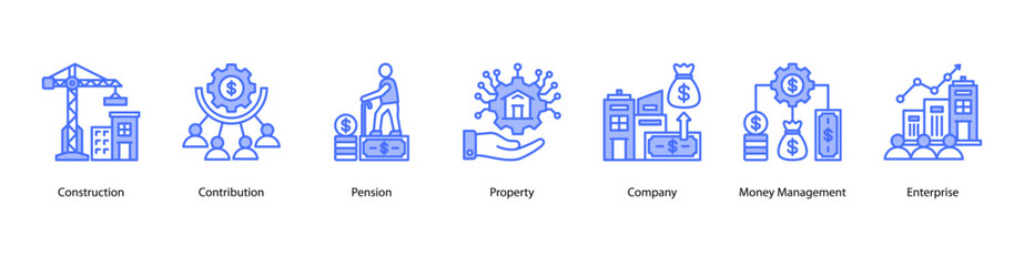 Fototapeta premium Enterprise Property web banner vector illustration featuring Construction, Contribution, Pension, Property, Company, Money Management, and Enterprise.