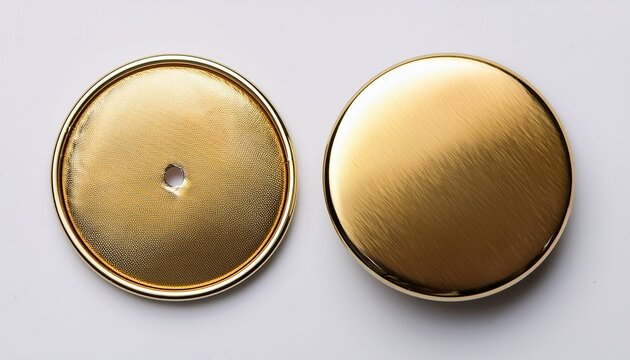 blank round gold button badge mockup showing shiny metallic front and back with pin fastener