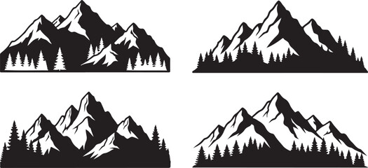 Obraz premium Black silhouette set of four mountain landscapes with trees on a white background, minimal outline