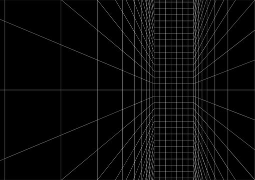 Vertical tunnel with a dead end at end. Moving energetic grid structure of fine lines. Simple black and white dynamic background