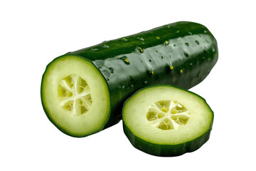 Crisp green cucumber half and slice, displaying fresh texture and seeds, embodying healthy eating, diet, and natural nutrition