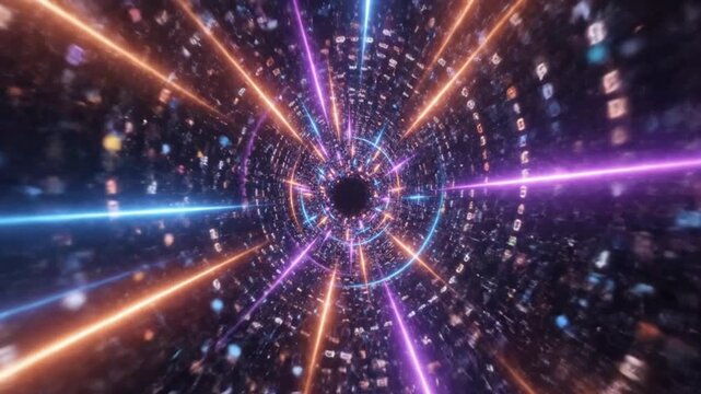 High speed abstract data vortex tunnel with converging neon light beams in blue purple orange hues floating encrypted colorful codes shaping energy language digital cine style dramatic bokeh highlight