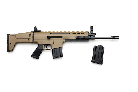 FN SCAR Rifle with Detachable Magazine Beside It Isolated on White Background Commercial Product Shot