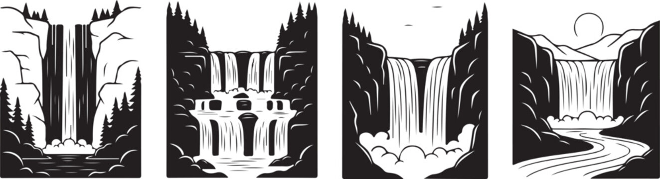 Black silhouette set of four waterfall landscape scenes on a white background, minimal outline