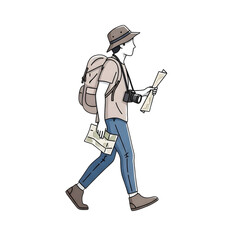 Naklejka premium Man with backpack, camera and maps on a journey, exploring the world with a sense of adventure