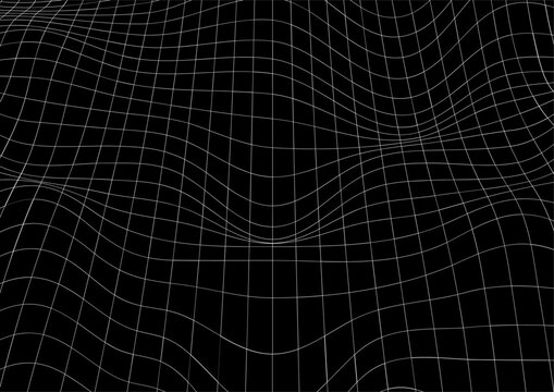 Wave wracked surface. Moving energetic grid structure of fine lines. Simple black and white dynamic background