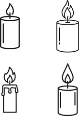 Line art illustration of four candles with flames in simple black and white