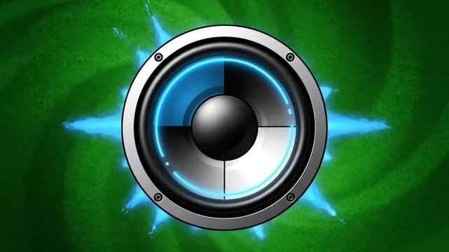 Digital speaker icon with a blue glowing quadrant on a vibrant green background