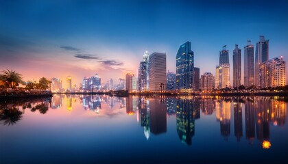 Fototapeta premium city skyline at dusk with glowing skyscrapers and water reflection