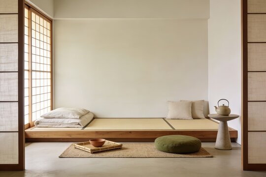 Zen Japanese tatami room with futon bedding and tea set