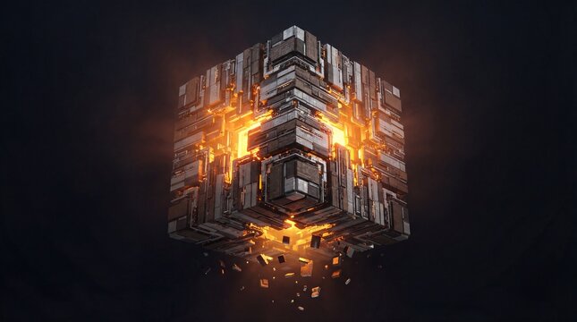 Futuristic Sci-Fi Mechanical Cube with Glowing Orange Core