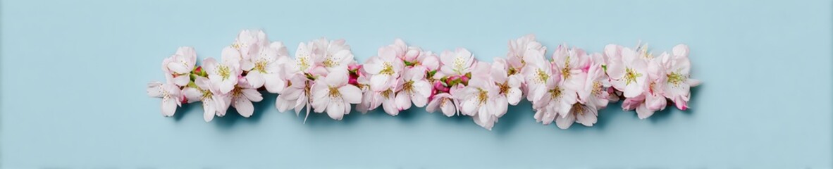 Obraz premium Pink cherry blossoms arranged in a centered horizontal line over a light blue background creating a minimal spring floral banner for beauty and wellness advertising copy space