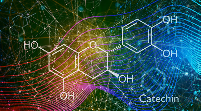Catechin natural plant flavanol, a type of natural phenol and antioxidant. Molecular structure formula. Education or chemistry science content.